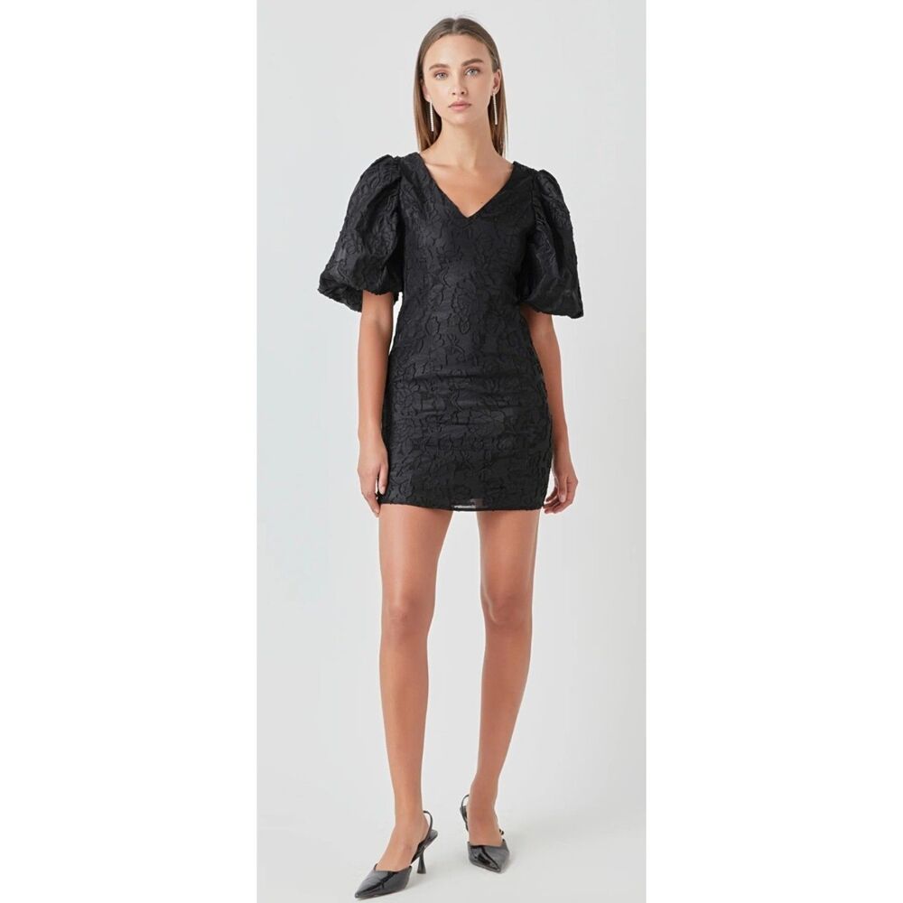 Endless Rose - NWT Black Floral Jacquard Puff Sleeve Mini Dress - Size Small